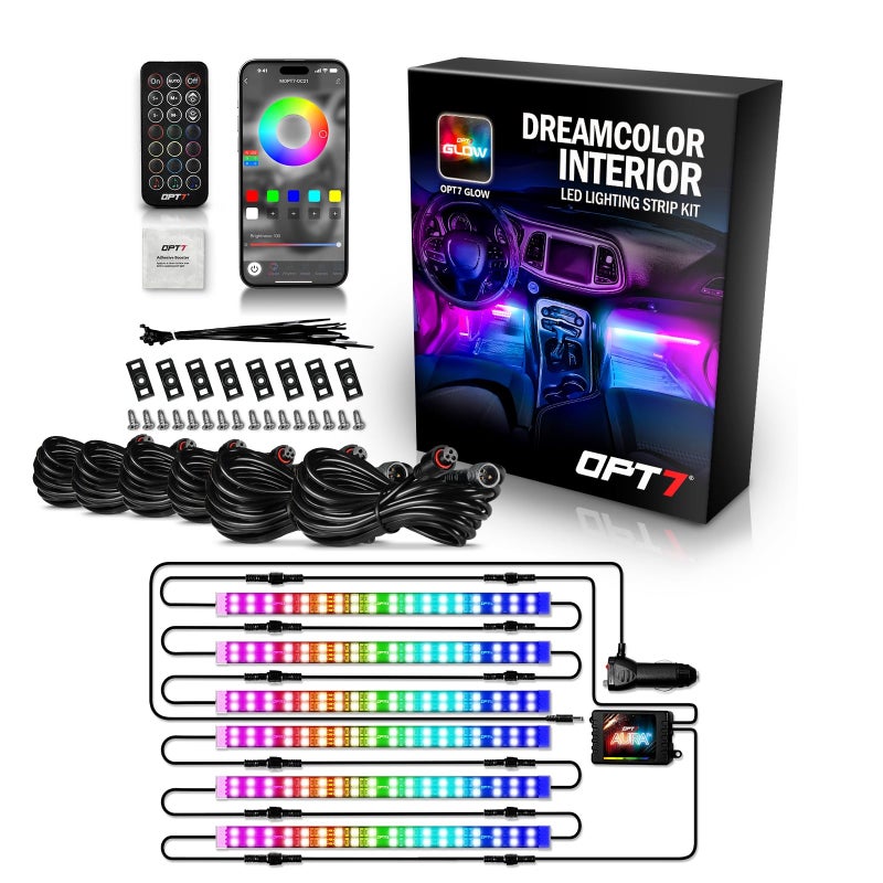 OPT7 Aura DreamColor RGBIC Car Interior Ambient Light 6PC Double Row LED Strips Color Chasing Light Kit wAPP  Remote Control Universal for Vehicles SUV Trucks Pickups Van